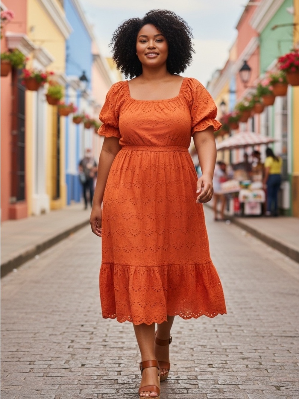 Square-Neck Eyelet Midi Dress in Rust Orange